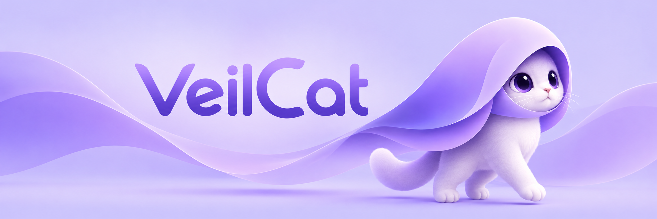 VeilCat banner with purple lettering, flowing ribbons, and the veiled white cat